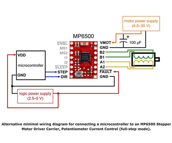 Alternative minimal wiring diagram for connecting a microcontroller to an MP6500 Stepper Motor Driver Carrier, Potentiometer Current Control (full-step mode).