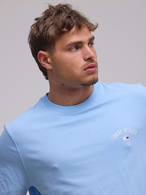 TOMMY HILFIGER logo t shirt חולצה בצבע תכלת לוגו מלל צידי והדפס אחורי בגב - M