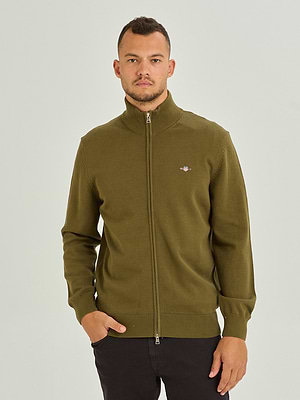 GANT casual cotton green zip cardigan סריג ריצרץ מלא בצבע ירוק זית