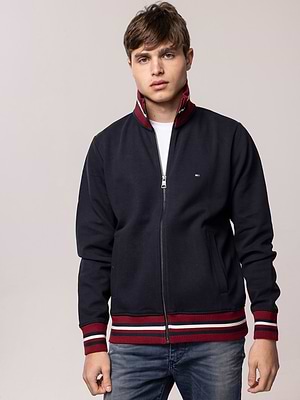 TOMMY HILFIGER blue red zip logo jacketג'קט ריצרץ בצבע כחול עם פס אדום
