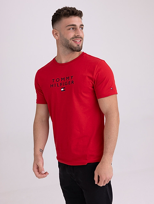 TOMMY HILFIGER red logo t shirt חולצה בצבע אדום רקמת המותג במרכז - L