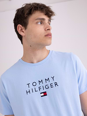 TOMMY HILFIGER light blue logo t shirt חולצה בצבע תכלת רקמת המותג במרכז