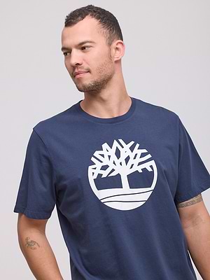 TIMBERLAND navy white big logo t shirt חולצה בצבע כחול כהה עם לוגו המותג בחזית בלבן P-16
