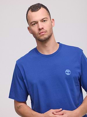 TIMBERLAND  logo t shirt חולצה בצבע כחול עם לוגו קטן צידי והדפס בגב P-71