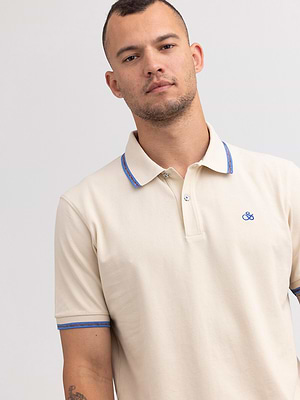 SCOTCH AND SODA polo beige blue  חולצת פולו בצבע בז' עם פס בצווארון ולוגו קטן - S