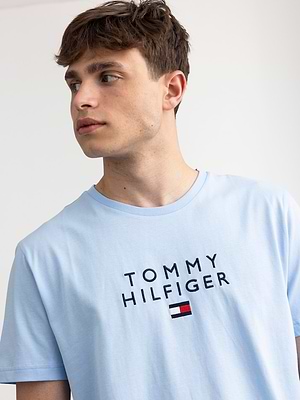 TOMMY HILFIGER light blue big logo t shirt חולצה בצבע תכלת עם רקמת המוצר במרכז - XL