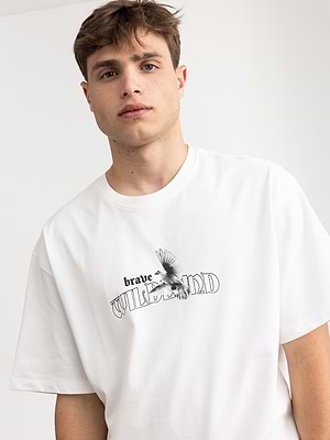 2512 . white bird back print oversize t shirt  חולצה בצבע לבן לוגו יונה והדפס אחורי