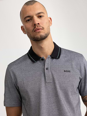 BOSS polo gray melanzeחולצת פולו בצבע אפור מלאנז פס בצווארון
