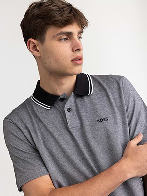 BOSS polo gray white stripeחולצת פולו בצבע אפור עם פסים בצווארון