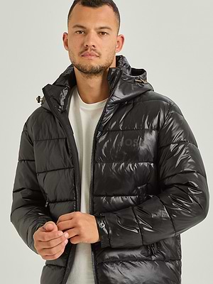 HUGO black puffer small logo מעיל פוך שחור מבריק סמל קטן בחזה