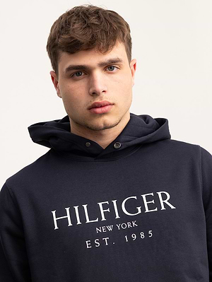 TOMMY HILFIGER navy blue hoodie center logo קפוצון בצבע כחול נייבי עם לוגו המותג בחזית - XS