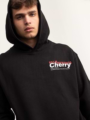 PALM MYKONOS black oversize hoodie print cherry קפוצון אוברסייז בצבע שחור עם הדפס דובדבן אורגני - L