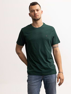 TOMMY HILFIGER dark green basic t shirt חולצת בייסיק בצבע ירוק בקבוק עם לוגו המותג צידי (EXTRA SLIM) - L