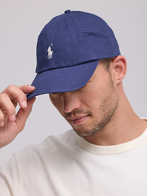 RALPH LAUREN Cotton Chino Ball Cap  כובע בצבע כחול עם סוס לבן