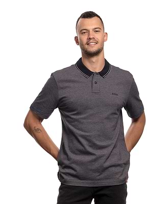 HUGO BOSS gray polo חולצת פולו בצבע אפור מלאנז עם צווארון שחור פסים אפורים