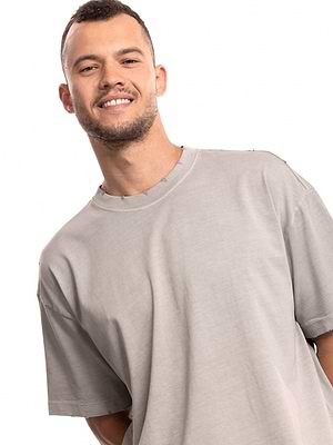 PALM MYKONOS light gray oversize t shirt חולצה אוברסייז בצבע אפור בטון בהיר בייסיק עם קרעים (חלק מסט) - XL