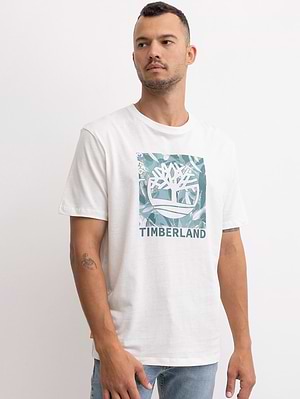 TIMBERLAND cream white t shirt חולצה בצבע קרם עם לוגו תכלת הדפס ריבוע בחזית המוצר P-32