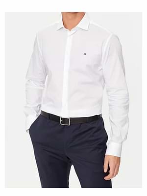 TOMMY HILFIGER white shirt THflex slim fit מכופתרת בצבע לבן לוגו קטן