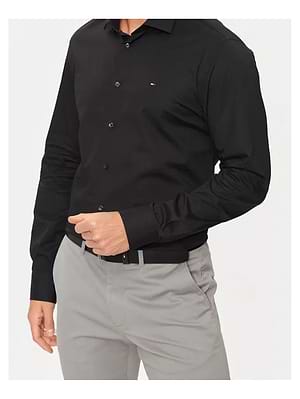 TOMMY HILFIGER black shirt THflex slim fit מכופתרת בצבע שחור לוגו קטן