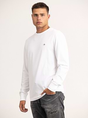 GANT  pique t shirt small logo long sleeve חולצת פיקה שרוול ארוך בצבע לבן - M