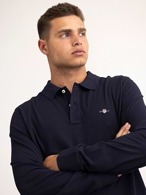 GANT shield polo long sleeve navy פולו שרוול ארוך לוגו קטן כחול נייבי
