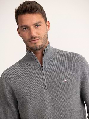 GANT cotton marino ribbed half zip סריג עבה חצי רוכסן עם לוגו צידי בצבע אפור כהה - L
