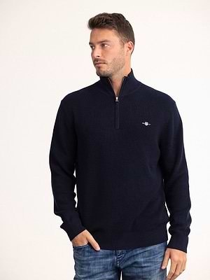 GANT cotton marino ribbed half zip סריג עבה חצי רוכסן עם לוגו צידי בצבע נייבי