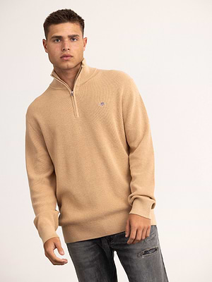 GANT cotton marino ribbed half zip סריג עבה חצי רוכסן עם לוגו צידי בצבע בז