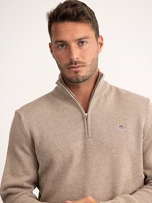GANT casual cotton half zip סריג עבה חצי רוכסן עם לוגו צידי בצבע בז אפרפר