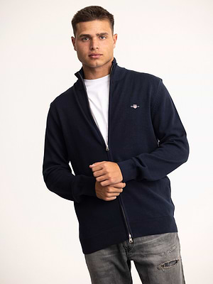 GANT casual cotton zip cardigan סריג רוכסן מלא עם לוגו צידי בצבע נייבי