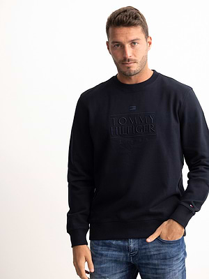 TOMMY HILFIGER navy tone on tone sweatshirt סווטשירט רקמה גדולה לוגו טון על טון בצבע נייבי - XL