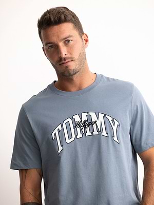 TOMMY HILFIGER t shirt light blue חולצה שרוול קצר עם הדפס משולב רקמה בחזית