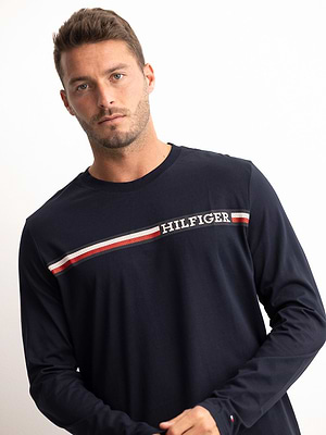 TOMMY HILFIGER logo sleeve t shirt long sleeve חולצה ארוכה בצבע נייבי הדפס רוחבי אדום עם שם המותג