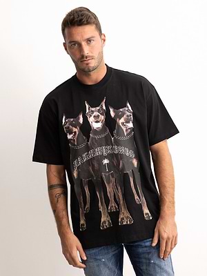 PALM MYKONOS black oversize t shirt חולצה אוברסייז בצבע שחור הדפס כלבים - L