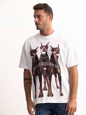 PALM MYKONOS white oversize t shirt חולצה אוברסייז בצבע לבן הדפס כלבים - m
