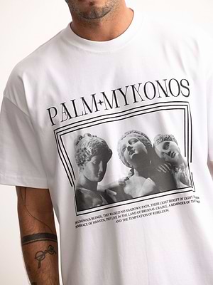 PALM MYKONOS white oversize t shirt חולצה אוברסייז בצבע לבן הדפס פסלים יון