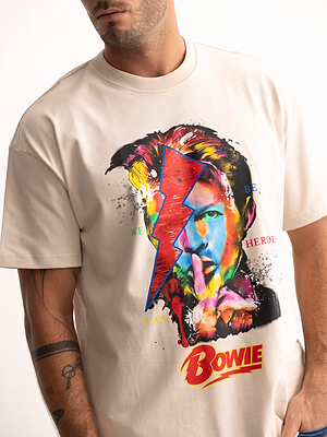 PALM MYKONOS beige oversize t shirt חולצה אוברסייז בצבע בז' הדפס דוויד בואי - XL