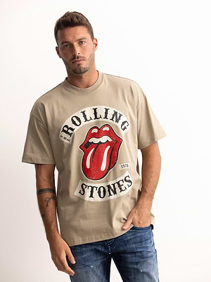 PALM MYKONOS beige oversize t shirt חולצה אוברסייז בצבע בז' הדפס רולינג סטון - L