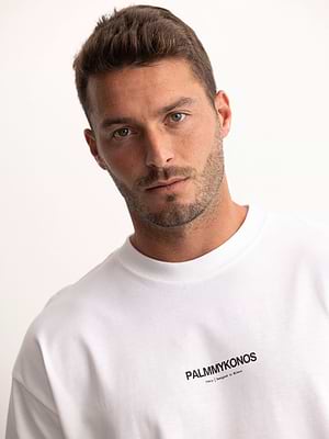 PALM MYKONOS white oversize t shirt חולצה אוברסייז בצבע לבן והדפס בגב - S