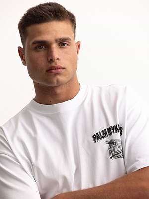 PALM MYKONOS white oversize t shirt חולצה אוברסייז בצבע לבן הדפס סכין שטרות בחזית - M