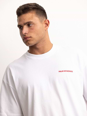 PALM MYKONOS white oversize t shirt חולצה אוברסייז בצבע לבן הדפס לוגו המותג באדום בחזית והדפס בגב - l