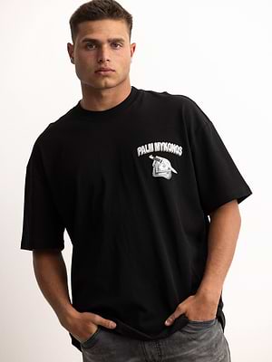 PALM MYKONOS black oversize t shirt חולצה אוברסייז בצבע שחור הדפס סכין שטרות בחזית - L