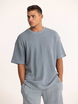 PALM MYKONOS light blue waffle oversize t shirt חולצה אוברסייז בד וופל בצבע תכלת אפור (חלק מסט) - XL