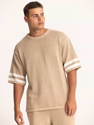 PALM MYKONOS biege stripe oversize t shirt חולצה אוברסייז בצבע בז סריג פסים בצבע  (חלק מסט)