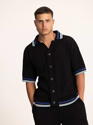 PALM MYKONOS black oversize t shirt חולצה מכופתרת אוברסייז בצבע שחור סריג (חלק מסט)
