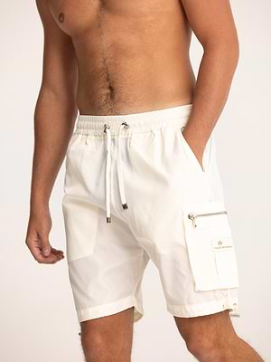 PALM MYKONOS cream short pants דגמח קצר ניילון בצבע קרם עם רוכסן צידי ולוגו המותג - L