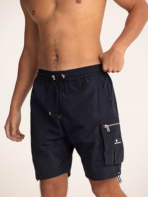 PALM MYKONOS navy short pants דגמח קצר ניילון בצבע נייבי עם רוכסן צידי ולוגו המותג - XXL