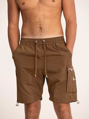 PALM MYKONOS brown short pants דגמח קצר ניילון בצבע חום עם רוכסן צידי ולוגו המותג