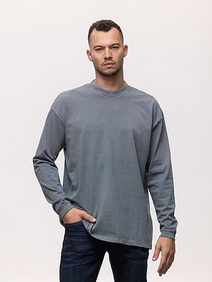 PALM MYKONOS super vintage t shirt long sleeve ligt gray חולצה ארוכה סטון ווש עם קרעים בצווארון בגוון אפור בהיר