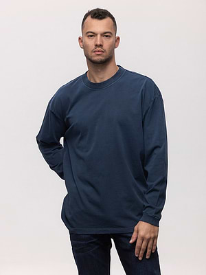 PALM MYKONOS super vintage t shirt long sleeve blueחולצה ארוכה סטון ווש עם קרעים בצווארון בגוון כחול